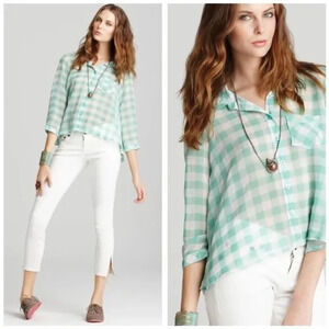FREE PEOPLE Semi Sheer Gingham Blouse Button Up Top Green White High Low Small
